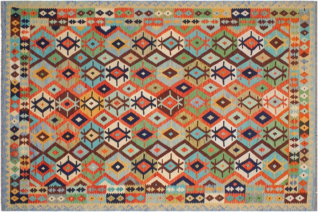 Flat Weave Kilim, Antique, Navaho, Vintage, Handmade, Geometric Kilim Rust Blue Hand-Woven Rectangle 100% Wool Area Rug 8 x 10