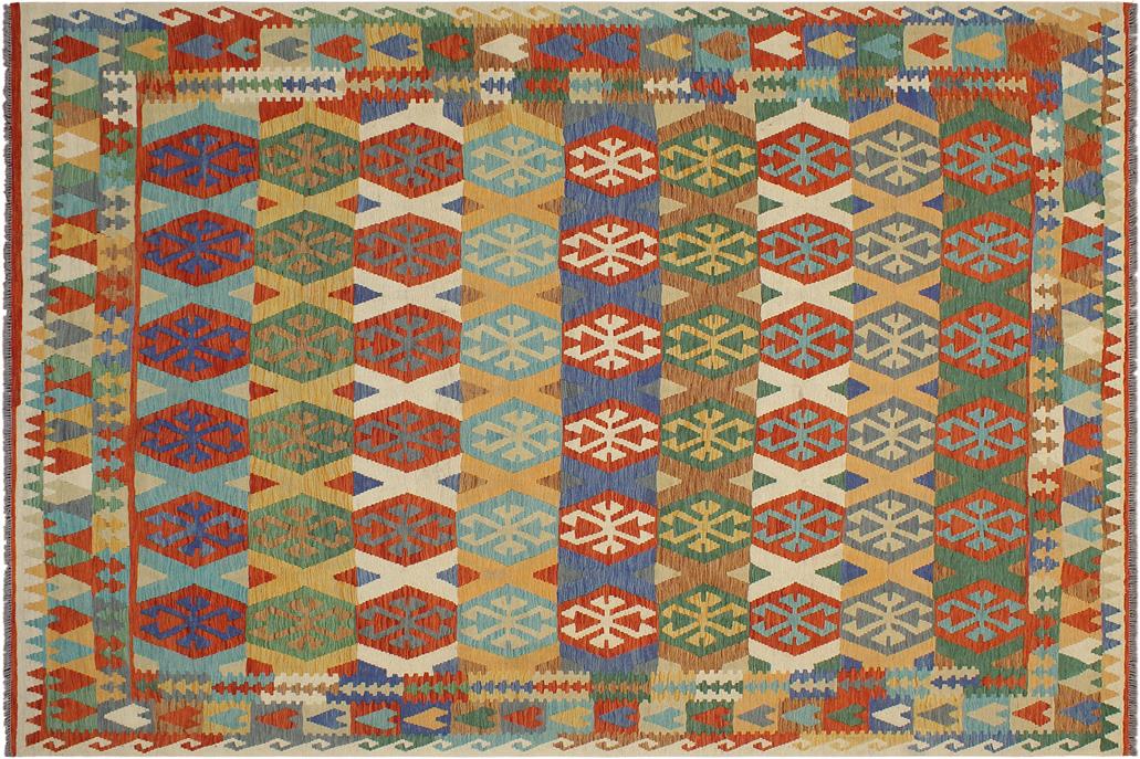 Flat Weave Kilim, Antique, Navaho, Vintage, Handmade, Geometric Kilim Beige Rust Hand-Woven Rectangle 100% Wool Area Rug 8 x 10
