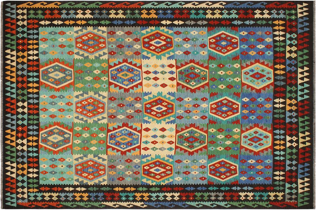 Flat Weave Kilim, Antique, Navaho, Vintage, Handmade, Geometric Kilim Blue Brown Hand-Woven Rectangle 100% Wool Area Rug 8 x 10