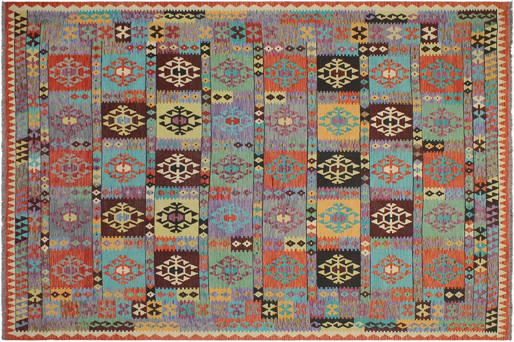 Flat Weave Kilim, Antique, Navaho, Vintage, Handmade, Geometric Kilim Blue Rust Hand-Woven Rectangle 100% Wool Area Rug 8 x 11