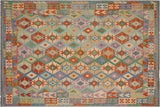 Flat Weave Kilim, Antique, Navaho, Vintage, Handmade, Geometric Kilim Blue Gray Hand-Woven Rectangle 100% Wool Area Rug 8 x 10