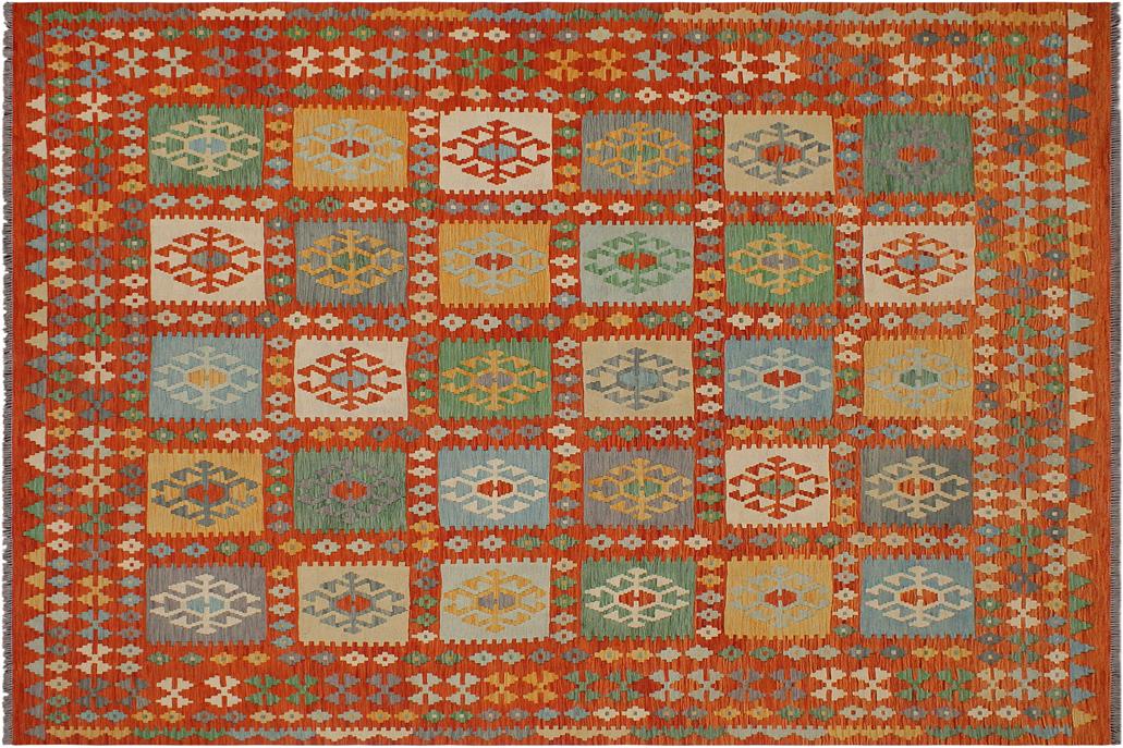 Flat Weave Kilim, Antique, Navaho, Vintage, Handmade, Geometric Kilim Rust Blue Hand-Woven Rectangle 100% Wool Area Rug 8 x 10