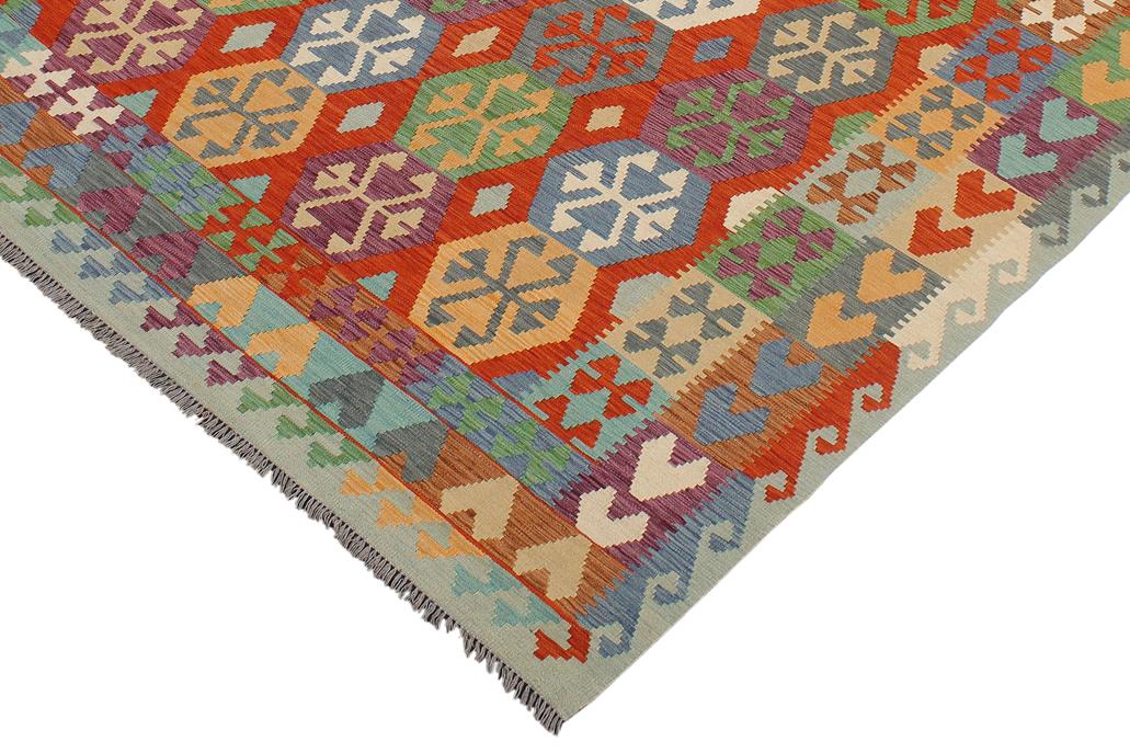 Flat Weave Kilim, Antique, Navaho, Vintage, Handmade, Geometric Kilim Rust Blue Hand-Woven Rectangle 100% Wool Area Rug 7 x 10
