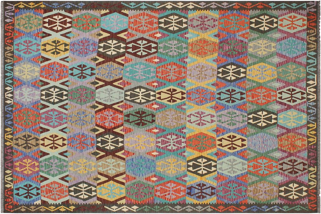 Flat Weave Kilim, Antique, Navaho, Vintage, Handmade, Geometric Kilim Gold Green Hand-Woven Rectangle 100% Wool Area Rug 9 x 10