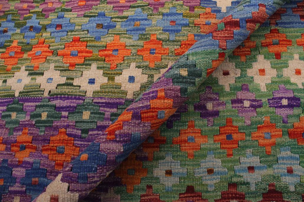 Flat Weave Kilim, Antique, Navaho, Vintage, Handmade, Modern Kilim Blue Rust Hand-Woven Rectangle 100% Wool Area Rug 8 x 12