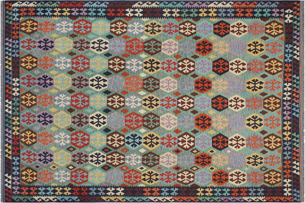 Flat Weave Kilim, Antique, Navaho, Vintage, Handmade, Geometric Kilim Green Blue Hand-Woven Rectangle 100% Wool Area Rug 9 x 11