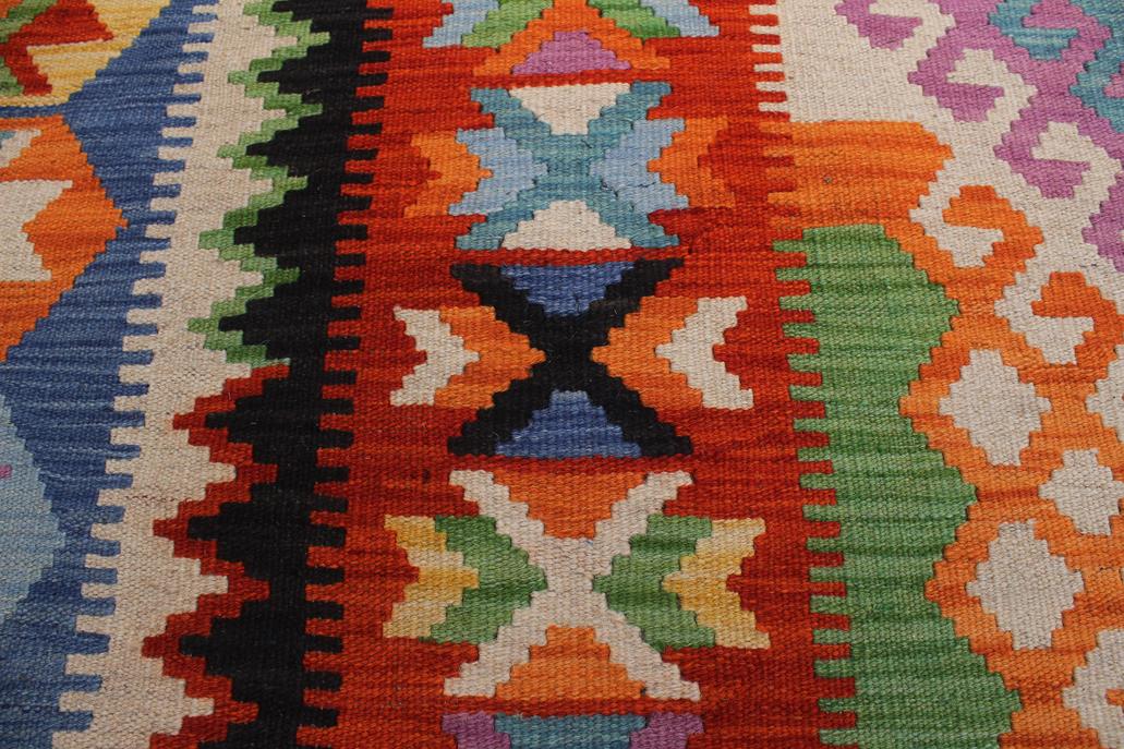 Flat Weave Kilim, Antique, Navaho, Vintage, Handmade, Geometric Kilim Blue Rust Hand-Woven Rectangle 100% Wool Area Rug 8 x 12