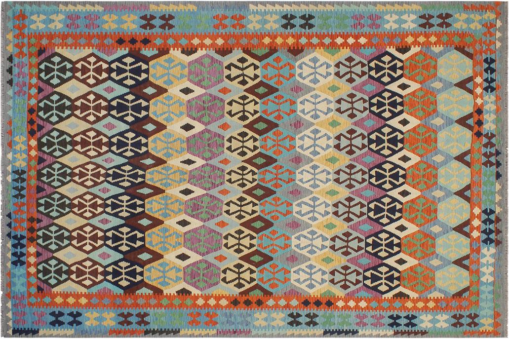 Flat Weave Kilim, Antique, Navaho, Vintage, Handmade, Geometric Kilim Rust Blue Hand-Woven Rectangle 100% Wool Area Rug 8 x 11
