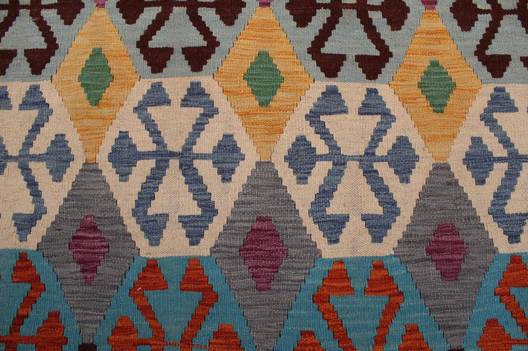 Flat Weave Kilim, Antique, Navaho, Vintage, Handmade, Geometric Kilim Rust Blue Hand-Woven Rectangle 100% Wool Area Rug 8 x 11