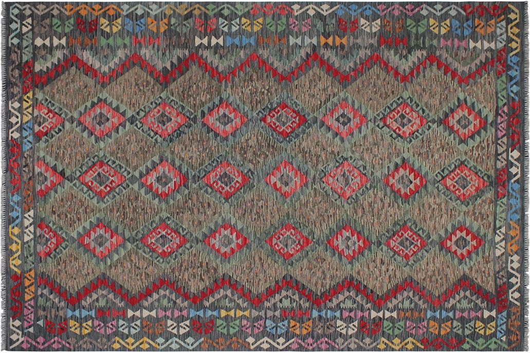 Flat Weave Kilim, Antique, Navaho, Vintage, Handmade, Geometric Kilim Green Charcoal Hand-Woven Rectangle 100% Wool Area Rug 8 x 10
