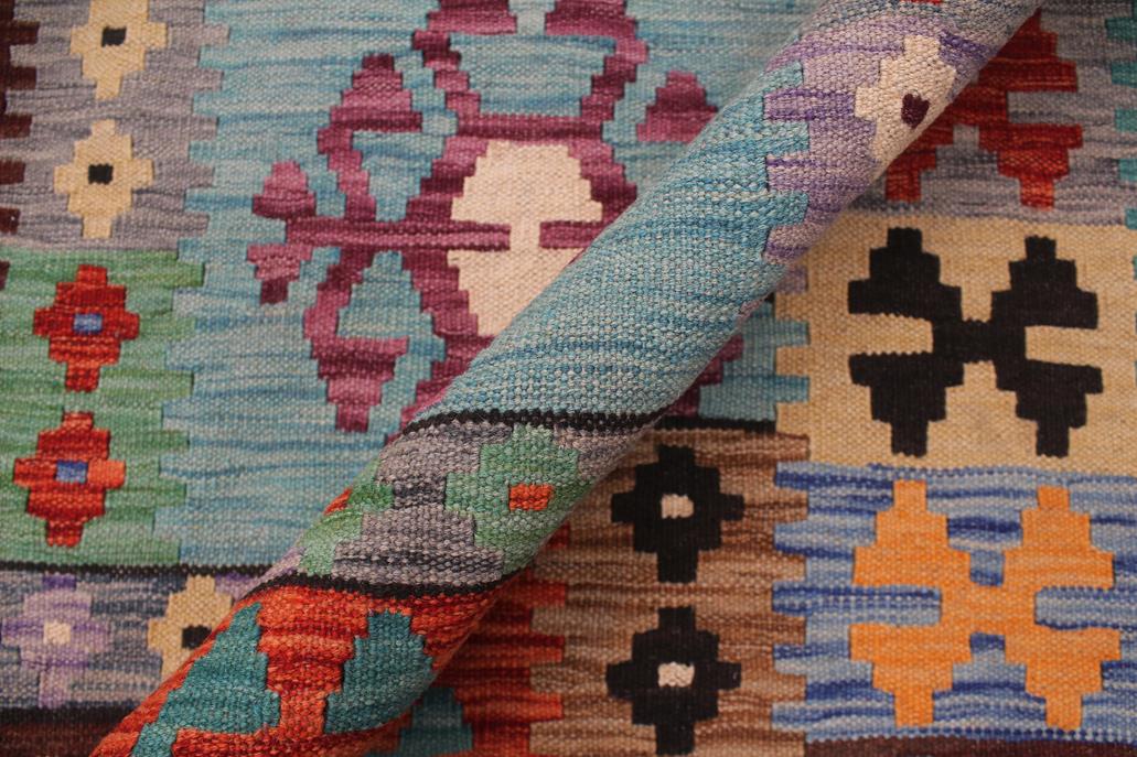 Flat Weave Kilim, Antique, Navaho, Vintage, Handmade, Geometric Kilim Blue Rust Hand-Woven Rectangle 100% Wool Area Rug 8 x 11