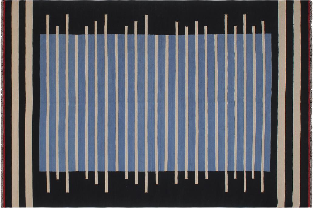 Flat Weave Kilim, Antique, Navaho, Vintage, Handmade, Modern Kilim Blue Black Hand-Woven Rectangle 100% Wool Area Rug 7 x 10