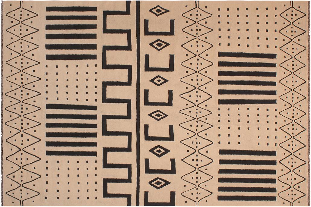 Flat Weave Kilim, Antique, Navaho, Vintage, Handmade, Modern Kilim Beige Black Hand-Woven Rectangle 100% Wool Area Rug 8 x 10