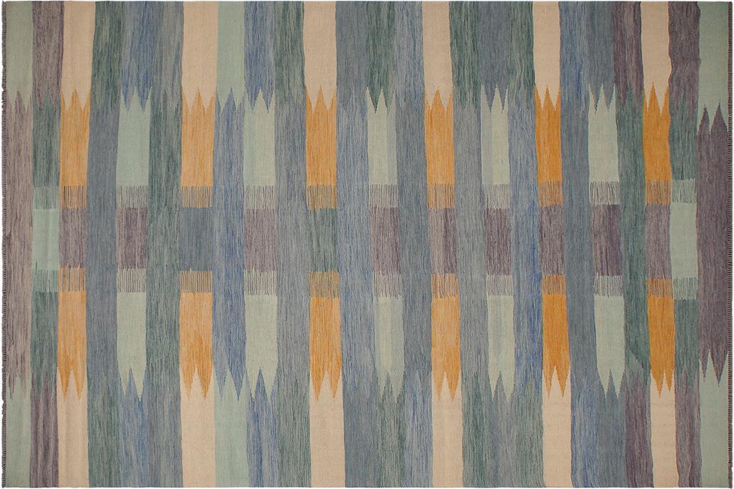 Flat Weave Kilim, Antique, Navaho, Vintage, Handmade, Modern Kilim Blue Beige Hand-Woven Rectangle 100% Wool Area Rug 9 x 12