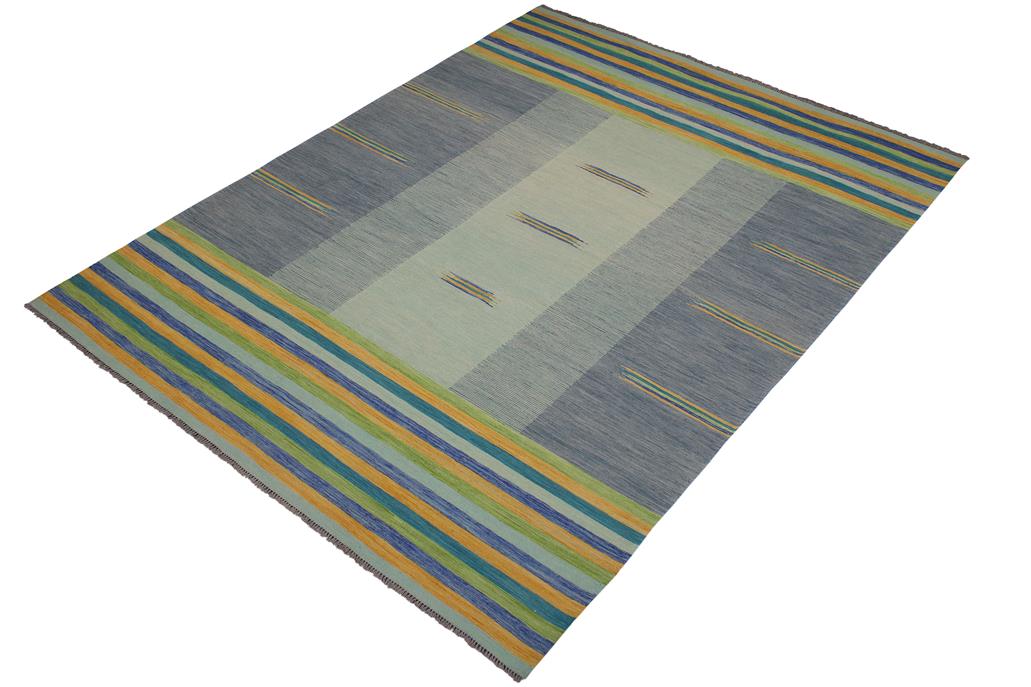 Flat Weave Kilim, Antique, Navaho, Vintage, Handmade, Modern Kilim Blue Gold Hand-Woven Rectangle 100% Wool Area Rug 9 x 11