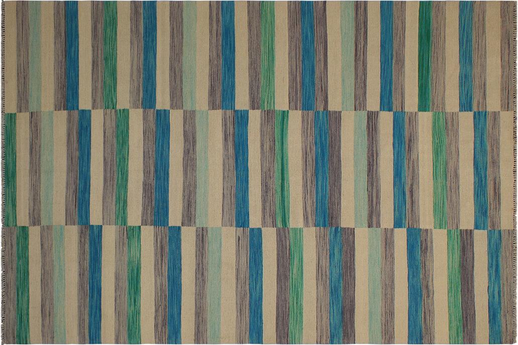 Flat Weave Kilim, Antique, Navaho, Vintage, Handmade, Modern Kilim Blue Beige Hand-Woven Rectangle 100% Wool Area Rug 6 x 10