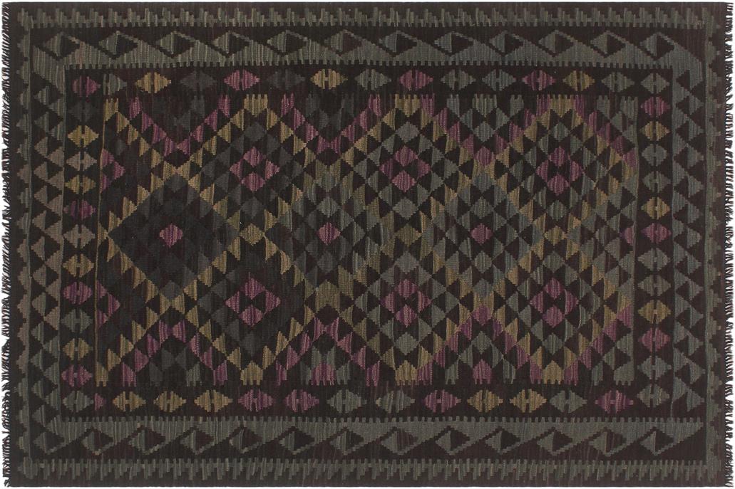 Flat Weave Kilim, Antique, Navaho, Vintage, Handmade, Geometric Kilim Black Blue Hand-Woven Rectangle 100% Wool Area Rug 5 x 7
