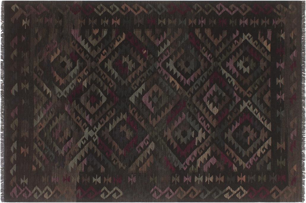 Flat Weave Kilim, Antique, Navaho, Vintage, Handmade, Geometric Kilim Black Brown Hand-Woven Rectangle 100% Wool Area Rug 6 x 8