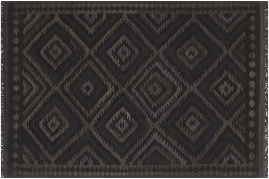 Flat Weave Kilim, Antique, Navaho, Vintage, Handmade, Geometric Kilim Black Blue Hand-Woven Rectangle 100% Wool Area Rug 6 x 8