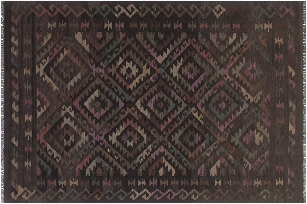 Flat Weave Kilim, Antique, Navaho, Vintage, Handmade, Geometric Kilim Black Brown Hand-Woven Rectangle 100% Wool Area Rug 5 x 8