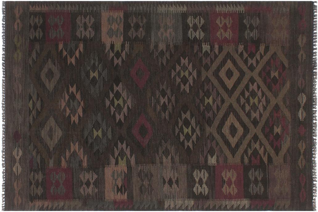 Flat Weave Kilim, Antique, Navaho, Vintage, Handmade, Geometric Kilim Charcoal Brown Hand-Woven Rectangle 100% Wool Area Rug 6 x 8