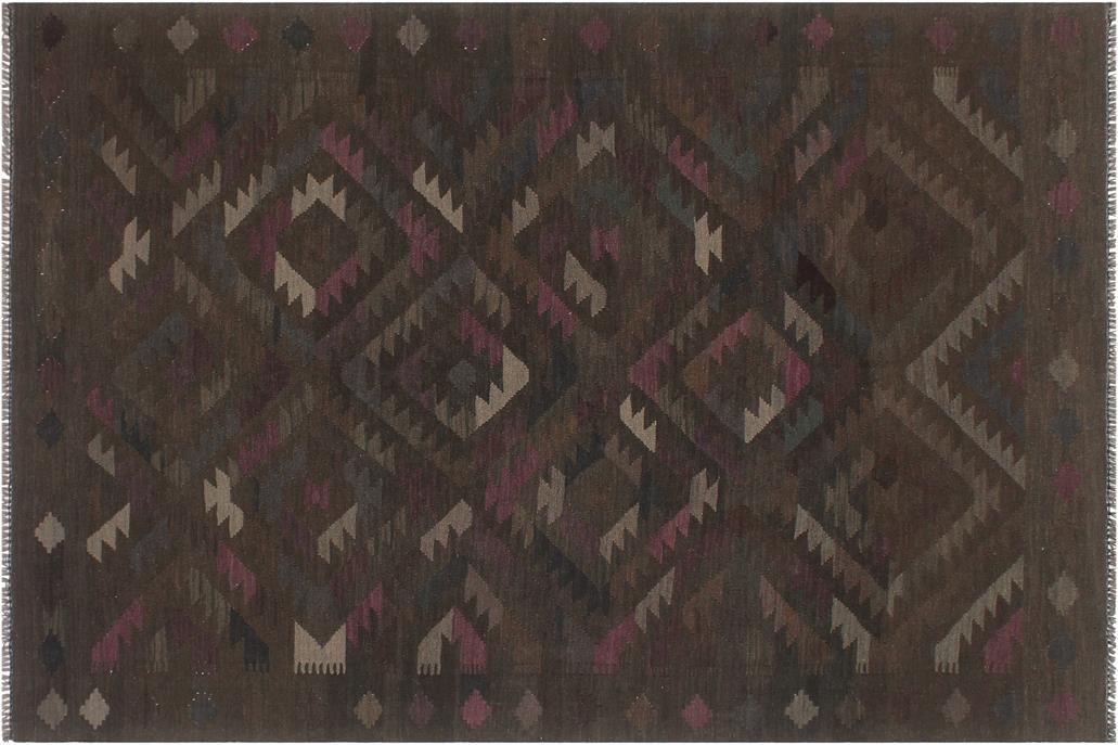 Flat Weave Kilim, Antique, Navaho, Vintage, Handmade, Geometric Kilim Brown Blue Hand-Woven Rectangle 100% Wool Area Rug 6 x 8