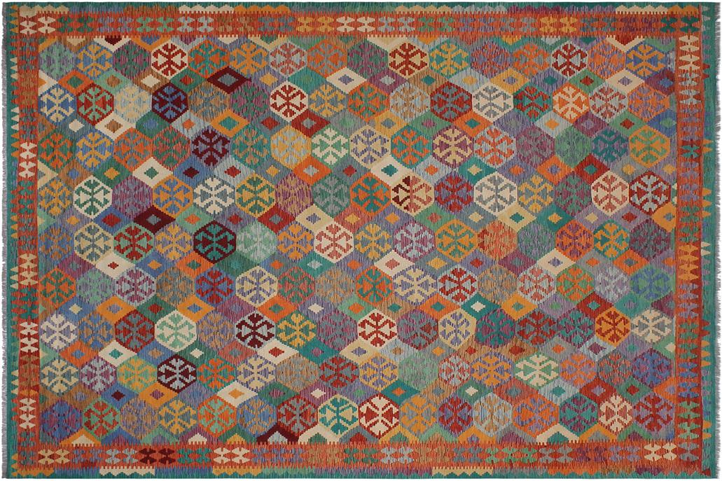 Flat Weave Kilim, Antique, Navaho, Vintage, Handmade, Geometric Kilim Rust Green Hand-Woven Rectangle 100% Wool Area Rug 10 x 13
