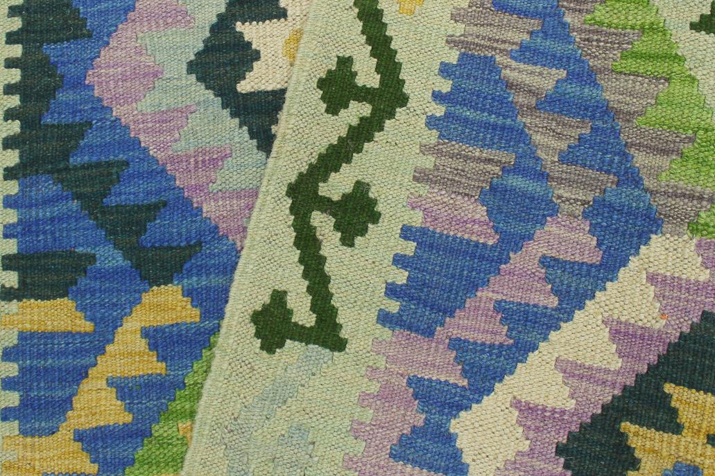 Flat Weave Kilim, Antique, Navaho, Vintage, Handmade, Geometric Kilim Blue Gold Hand-Woven Runner 100% Wool Area Rug 3 x 6