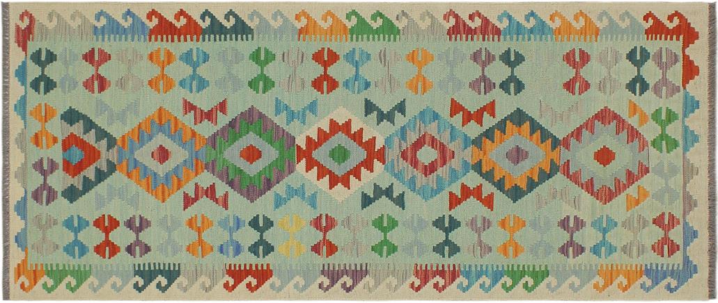 Flat Weave Kilim, Antique, Navaho, Vintage, Handmade, Geometric Kilim Blue Beige Hand-Woven Runner 100% Wool Area Rug 3 x 7