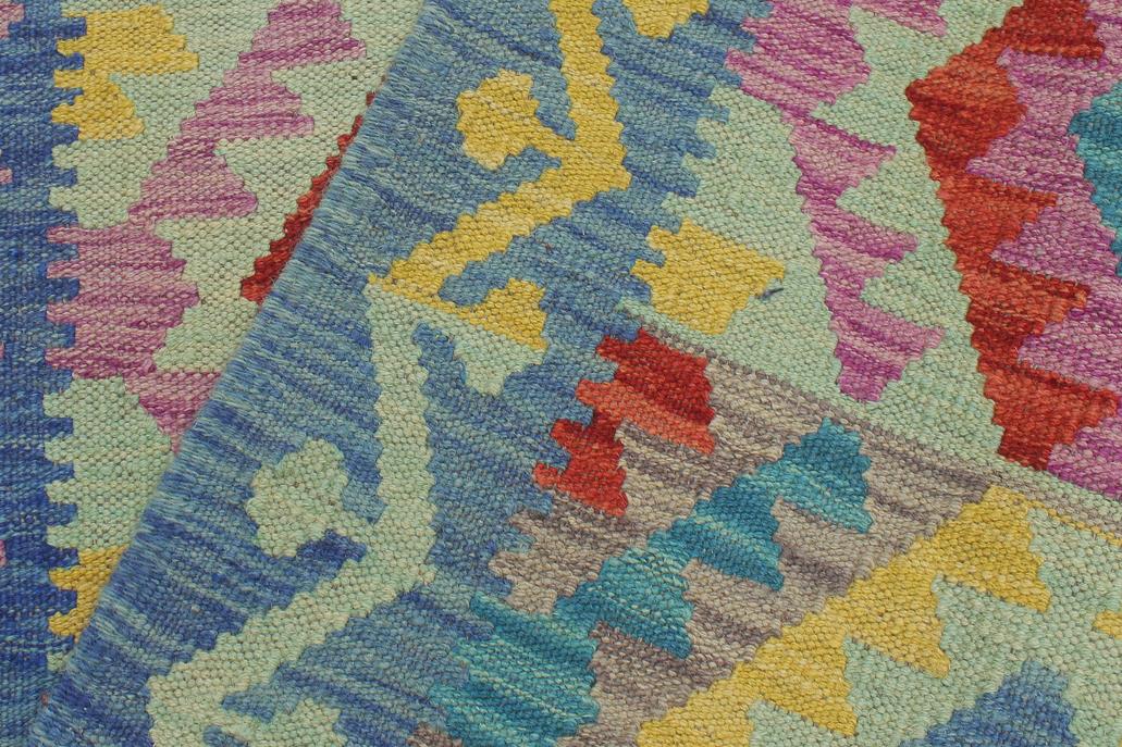 Flat Weave Kilim, Antique, Navaho, Vintage, Handmade, Geometric Kilim Red Blue Hand-Woven Runner 100% Wool Area Rug 3 x 6