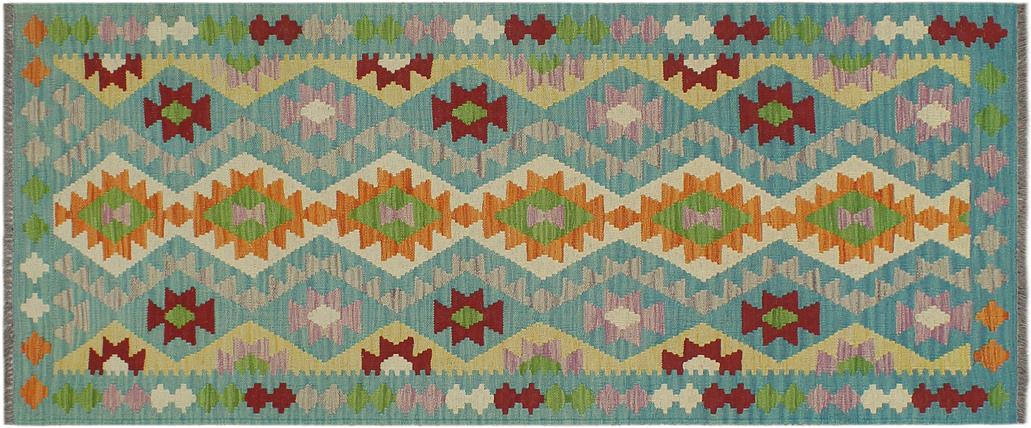 Flat Weave Kilim, Antique, Navaho, Vintage, Handmade, Geometric Kilim Blue Red Hand-Woven Runner 100% Wool Area Rug 3 x 6