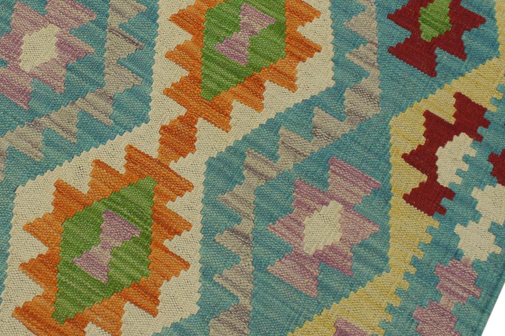 Flat Weave Kilim, Antique, Navaho, Vintage, Handmade, Geometric Kilim Blue Red Hand-Woven Runner 100% Wool Area Rug 3 x 6