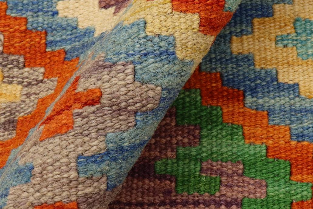 Flat Weave Kilim, Antique, Navaho, Vintage, Handmade, Geometric Kilim Blue Rust Hand-Woven Runner 100% Wool Area Rug 3 x 7
