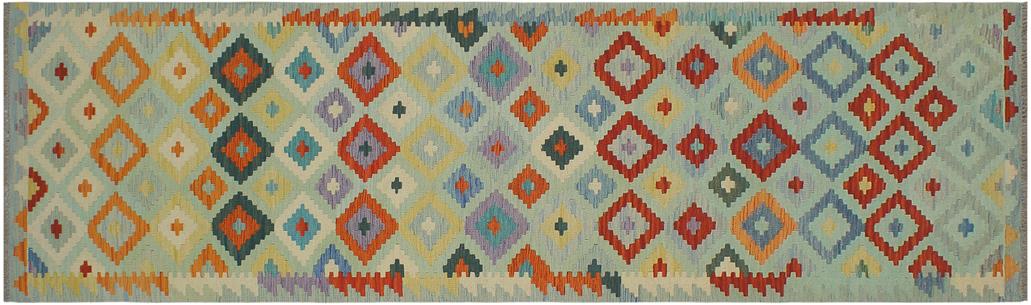 Flat Weave Kilim, Antique, Navaho, Vintage, Handmade, Geometric Kilim Blue Rust Hand-Woven Runner 100% Wool Area Rug 3 x 10