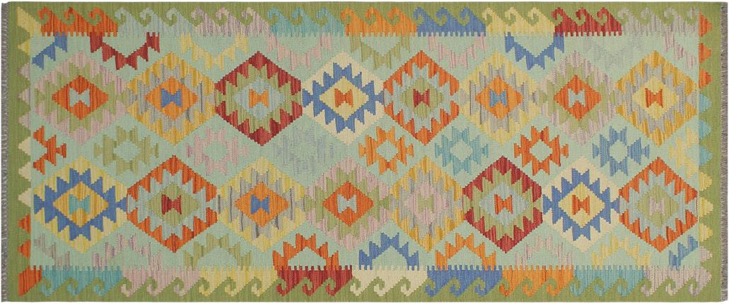 Flat Weave Kilim, Antique, Navaho, Vintage, Handmade, Geometric Kilim Blue Green Hand-Woven Runner 100% Wool Area Rug 3 x 7