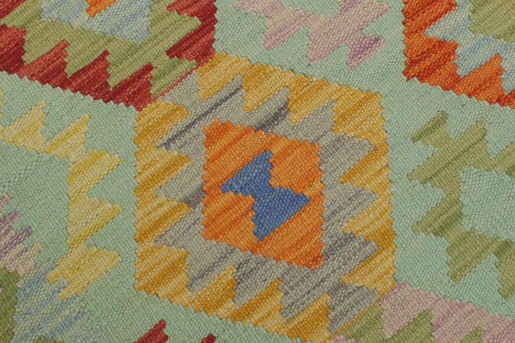 Flat Weave Kilim, Antique, Navaho, Vintage, Handmade, Geometric Kilim Blue Green Hand-Woven Runner 100% Wool Area Rug 3 x 7