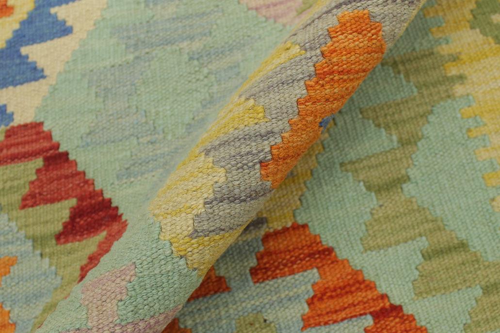 Flat Weave Kilim, Antique, Navaho, Vintage, Handmade, Geometric Kilim Blue Green Hand-Woven Runner 100% Wool Area Rug 3 x 7