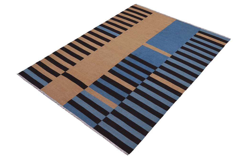 Flat Weave Kilim, Antique, Navaho, Vintage, Handmade, Modern Kilim Blue Brown Hand-Woven Rectangle 100% Wool Area Rug 6 x 8