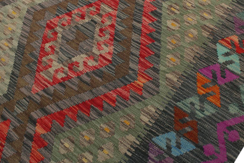 Flat Weave Kilim, Antique, Navaho, Vintage, Handmade, Geometric Kilim Red Charcoal Hand-Woven Rectangle 100% Wool Area Rug 6 x 8