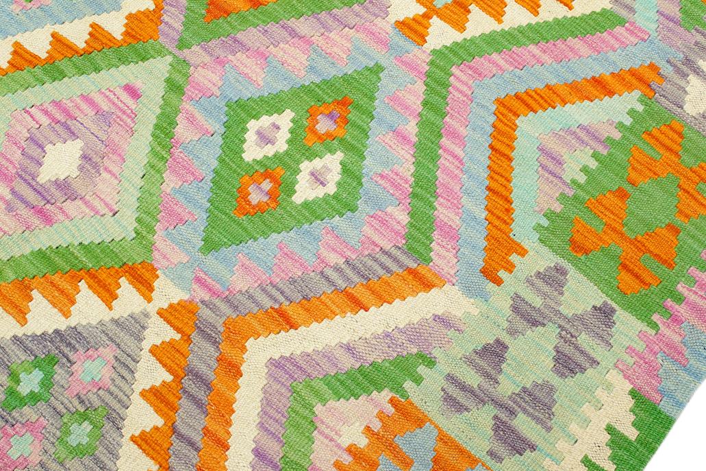 Flat Weave Kilim, Antique, Navaho, Vintage, Handmade, Geometric Kilim Orange Blue Hand-Woven Rectangle 100% Wool Area Rug 4 x 6