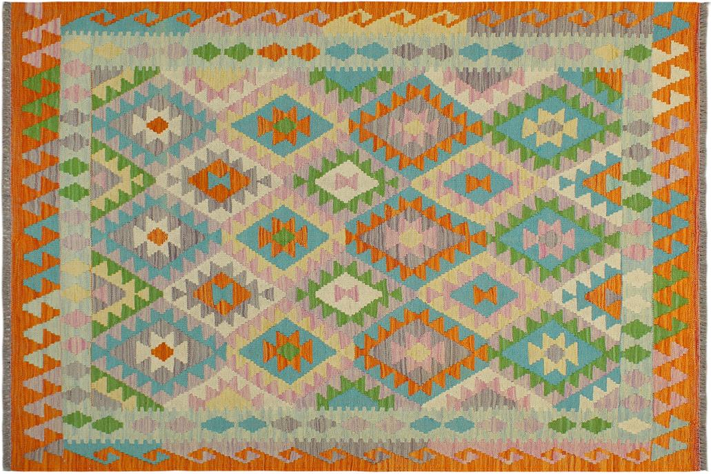 Flat Weave Kilim, Antique, Navaho, Vintage, Handmade, Geometric Kilim Beige Orange Hand-Woven Rectangle 100% Wool Area Rug 4 x 6
