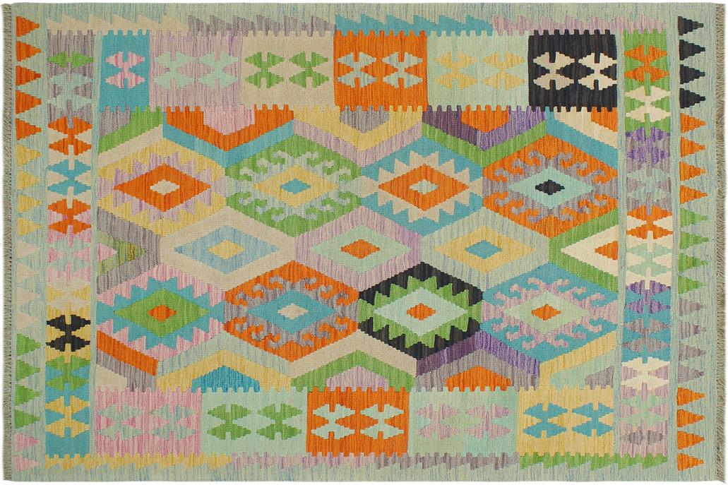 Flat Weave Kilim, Antique, Navaho, Vintage, Handmade, Geometric Kilim Blue Orange Hand-Woven Rectangle 100% Wool Area Rug 4 x 6