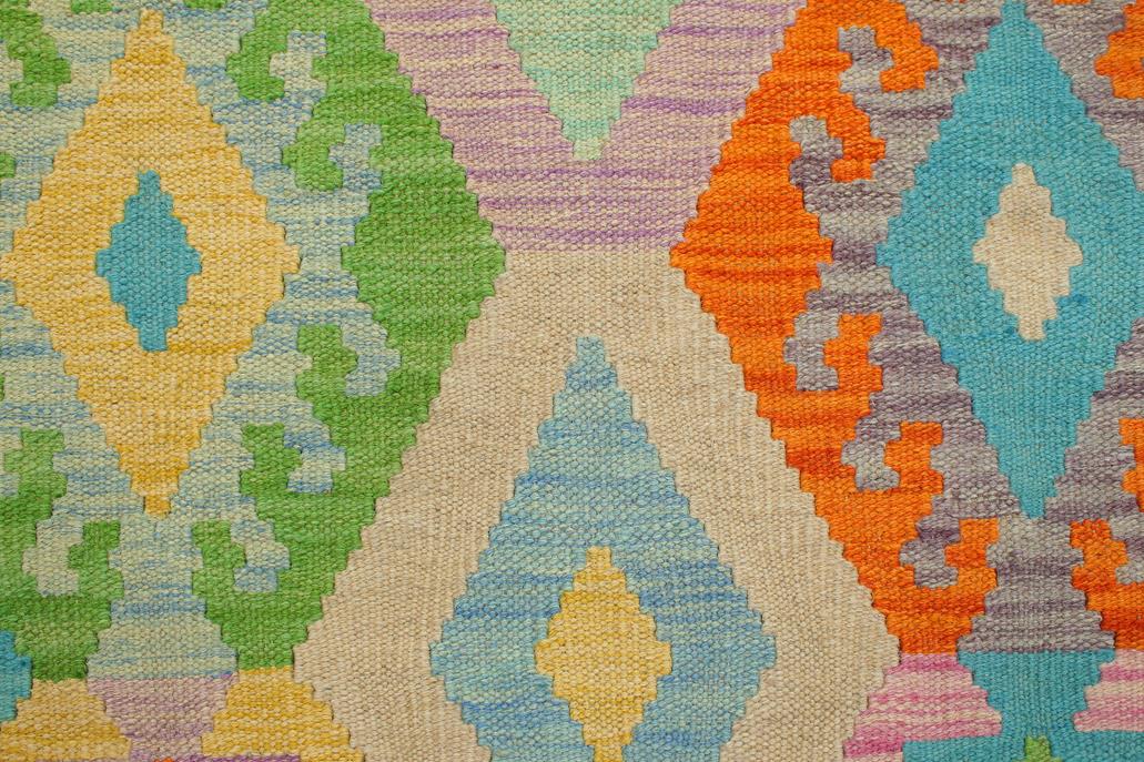 Flat Weave Kilim, Antique, Navaho, Vintage, Handmade, Geometric Kilim Blue Orange Hand-Woven Rectangle 100% Wool Area Rug 4 x 6