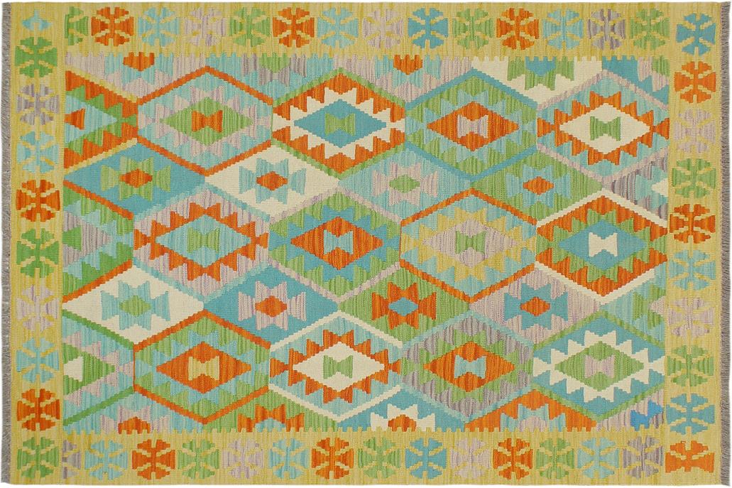 Flat Weave Kilim, Antique, Navaho, Vintage, Handmade, Geometric Kilim Blue Gold Hand-Woven Rectangle 100% Wool Area Rug 4 x 6