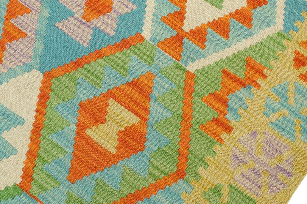 Flat Weave Kilim, Antique, Navaho, Vintage, Handmade, Geometric Kilim Blue Gold Hand-Woven Rectangle 100% Wool Area Rug 4 x 6