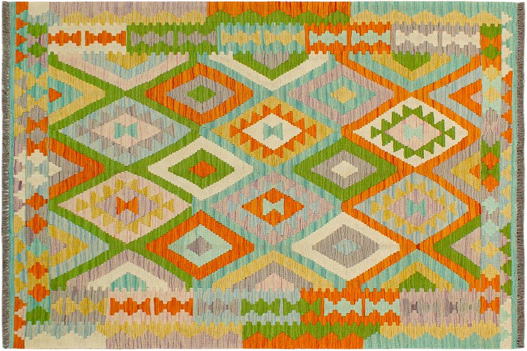 Flat Weave Kilim, Antique, Navaho, Vintage, Handmade, Geometric Kilim Blue Orange Hand-Woven Rectangle 100% Wool Area Rug 4 x 6
