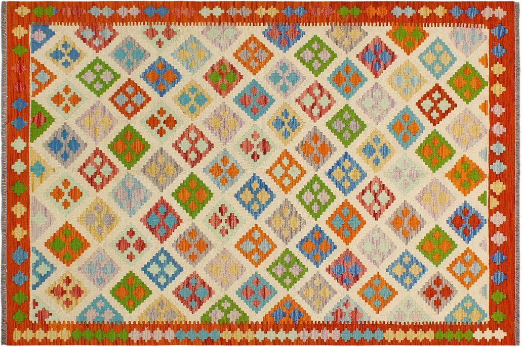 Flat Weave Kilim, Antique, Navaho, Vintage, Handmade, Geometric Kilim Beige Rust Hand-Woven Rectangle 100% Wool Area Rug 5 x 7