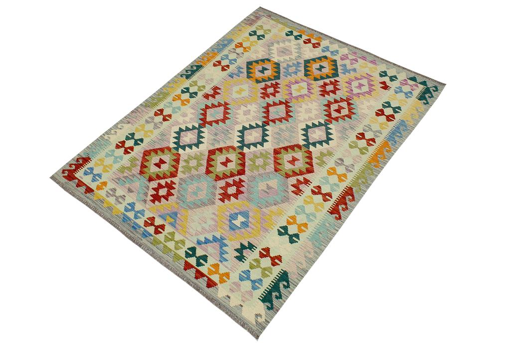 Flat Weave Kilim, Antique, Navaho, Vintage, Handmade, Geometric Kilim Beige Blue Hand-Woven Rectangle 100% Wool Area Rug 5 x 7