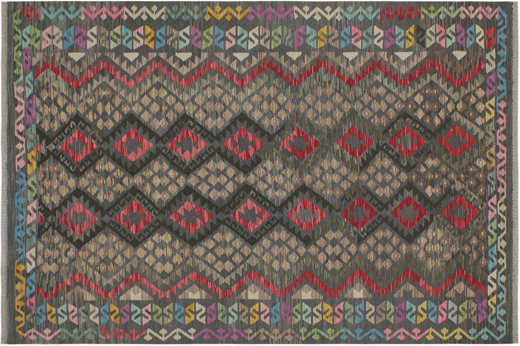 Flat Weave Kilim, Antique, Navaho, Vintage, Handmade, Geometric Kilim Charcoal Red Hand-Woven Rectangle 100% Wool Area Rug 6 x 8