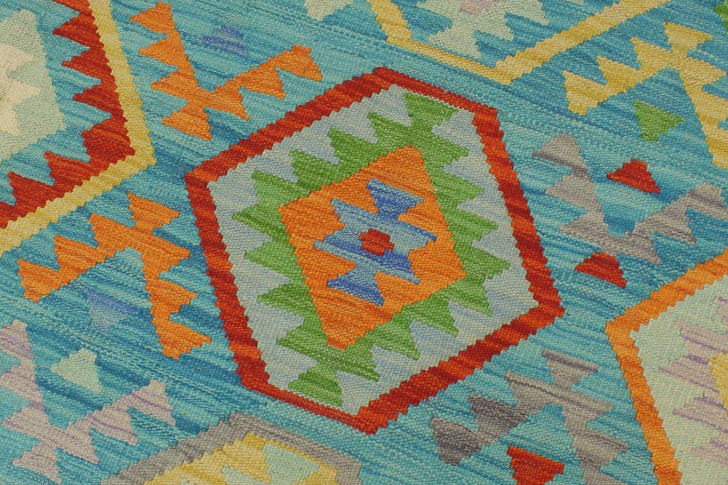 Flat Weave Kilim, Antique, Navaho, Vintage, Handmade, Geometric Kilim Blue Beige Hand-Woven Rectangle 100% Wool Area Rug 8 x 9